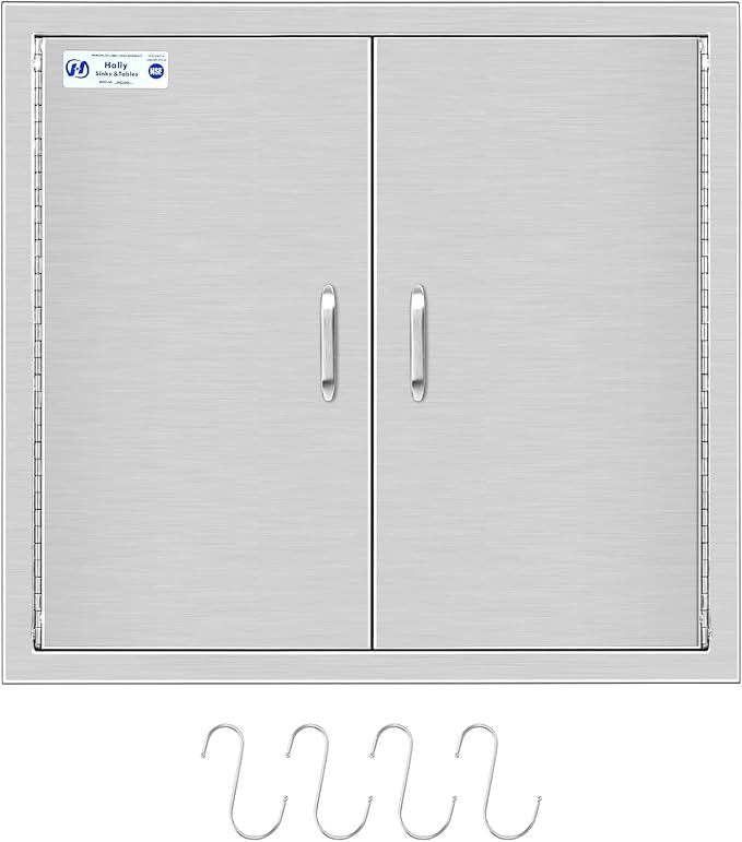 Hally Outdoor Kitchen Doors 26" W x 24" H of 304 Stainless Steel BBQ Double Access Door with 2 Detachable Handles and 4 Hooks, for BBQ Island, Grilling Station, Outdoor Cabinet