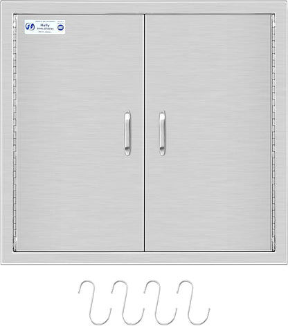 Hally Outdoor Kitchen Doors 26" W x 24" H of 304 Stainless Steel BBQ Double Access Door with 2 Detachable Handles and 4 Hooks, for BBQ Island, Grilling Station, Outdoor Cabinet