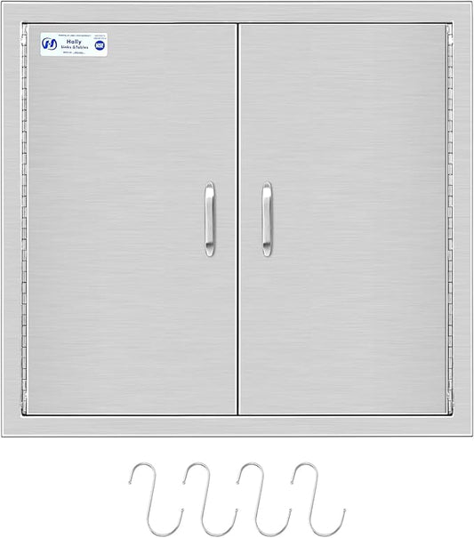 Hally Outdoor Kitchen Doors 26" W x 24" H of 304 Stainless Steel BBQ Double Access Door with 2 Detachable Handles and 4 Hooks, for BBQ Island, Grilling Station, Outdoor Cabinet