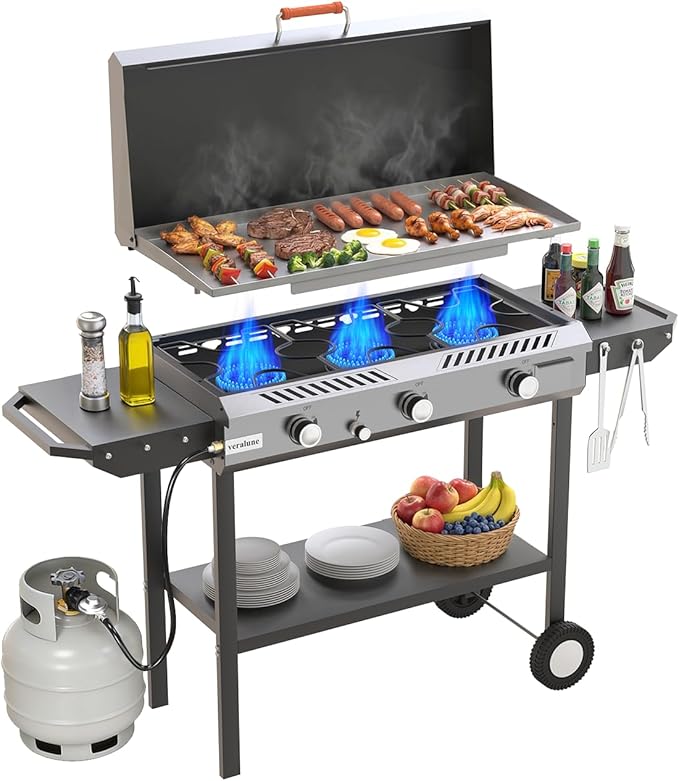 Veralune 2-in-1 Propane Stove & 33'' Griddle Combo with Ignition, 225,000 BTU Powerful Gas Stove & Grill with Side Shelves, Rolling Wheel & Regulator for Outdoor Backyard Camping Cooking Grilling