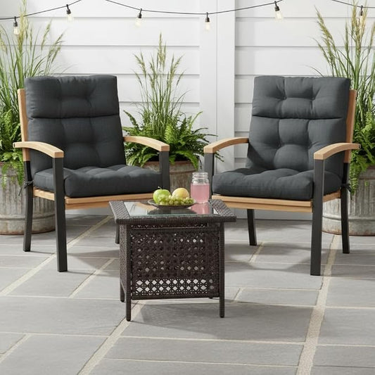 Outdoor Tufted High-Back Chair Cushions, One-Piece Hinged Seat and Back Design, Reversible with 4 Ties, Durable Polyester Fabric, Recycled Fiber Fill - Set of 2, Carbon