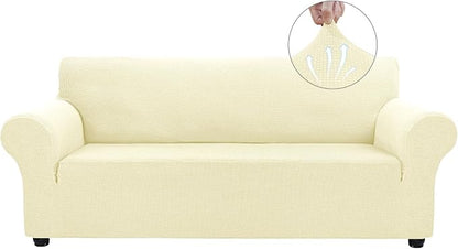 Asnomy Stretch Couch Covers for Sofa Washable, 3 Cushion Couch,Off-White | 1-Piece Sofa Covers(78"-94") 3-Seater Furniture Protector Soft Jacquard,Non-Slip Elastic Bottom For Dogs & Kids