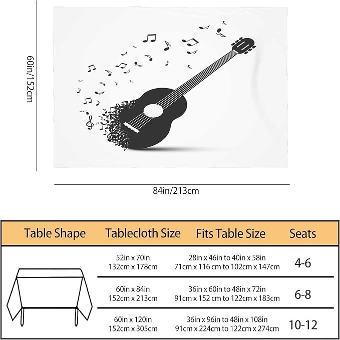 TKS MITLAN Black Guitar with Notes Tablecloth 60x84 Inch Rectangular Classical Music Melody Modern Rock Oblong Table Cloth Kitchen Table Decorations for Home Dinner Party