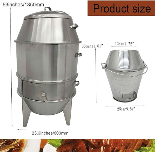 Commercial 410 Stainless Steel Charcoal Roast Duck Oven, 23.6x23.6x53 Inch BBQ Roaster with 15 Hooks & 20 Tail Pins, Multifunctional Grill for Chicken, Fish, Outdoor Picnic
