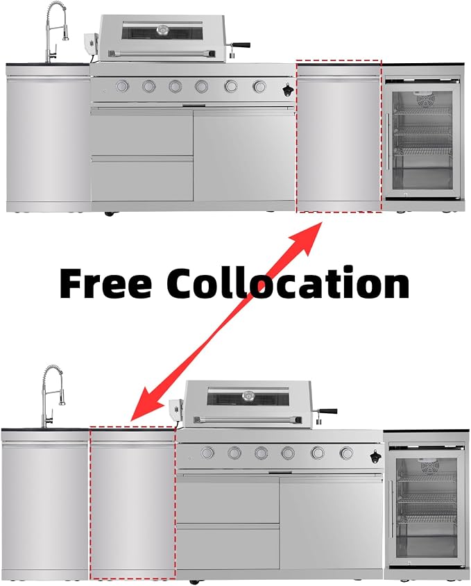 104" Modular Outdoor Kitchen Island With Grill And Side Burner, 4-burner 72,000 Btu Propane Bbq Island, Refrigerator, Separate Sink & Prep Station, For LP-Silver 72000BTU/104 Inch