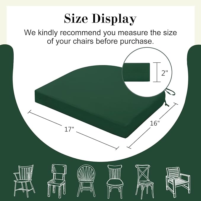 Cozyide Outdoor Chair Cushions, Waterproof Patio Seat Cushions with Adjustable Straps, Round Corner Patio Chair Cushions for Garden, Dark Green, 17x16x2 Inch (Pack of 4)