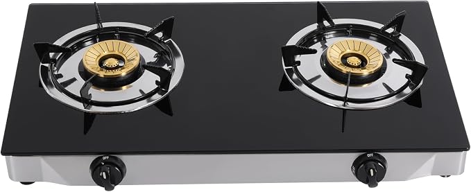 Gas Stove with 2 Burners, Portable Gas Stove with Independent Control, 2 Burners Gas Stove, Portable Tempered Glass Camping Burner, Countertop Gas Stove for Kitchen, Home and Commercial Use
