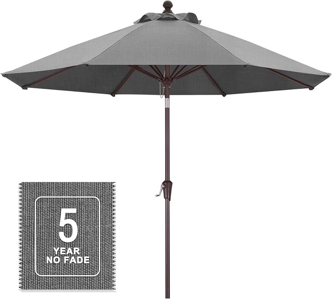 MASTERCANOPY 9ft Olefin 5-Year-Non-Fading Patio Umbrella Medium Grey | UV/Water/Fade-Resistant Canopy, Vented Top, 8 Fiberglass Ribs – Ideal For Deck, Yard, Market