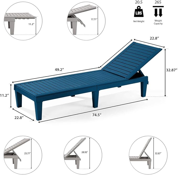 Nestl Sun Tanning Chair - Blue Chaise Lounge Chair Outdoor, Lightweight Pool Lounge Chairs, Adjustable 5-Position Reclining Lawn Chair, Waterproof Beach Outdoor Lounge Chairs