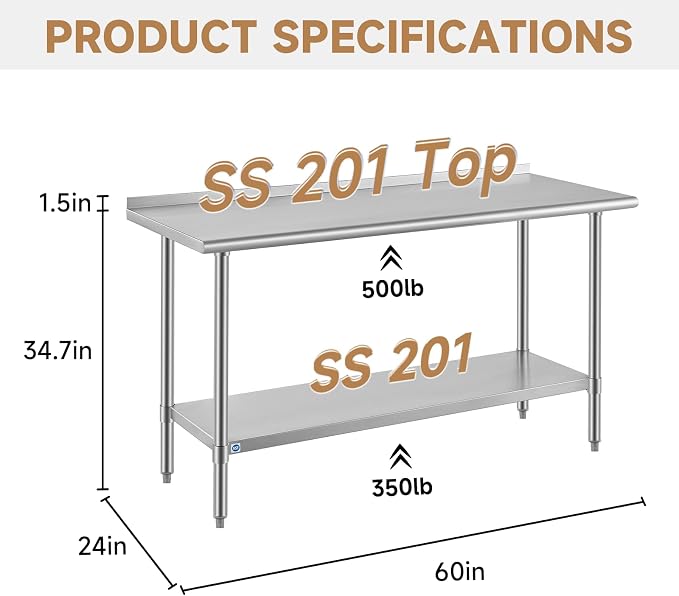 ROCKPOINT All Stainless Steel Perp Table with Backsplash 24x60 Inch, Commercial Heavy Duty Table with Stainless Legs & Adjustable Undershelf, 850 lb Capacity for Restaurant,Home and Outdoor Kitchens