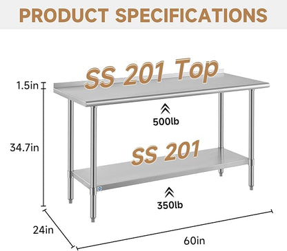 ROCKPOINT All Stainless Steel Perp Table with Backsplash 24x60 Inch, Commercial Heavy Duty Table with Stainless Legs & Adjustable Undershelf, 850 lb Capacity for Restaurant,Home and Outdoor Kitchens