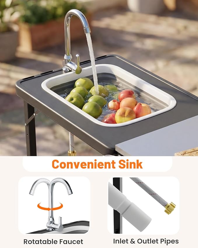 AECOJOY Outdoor Grill Cart Table with Sink, Portable Folding Outdoor Kitchen Island with Storage Cabinet, Stainless Steel Rolling Grill BBQ Food Prep Station with Wheels for Patio, Backyard