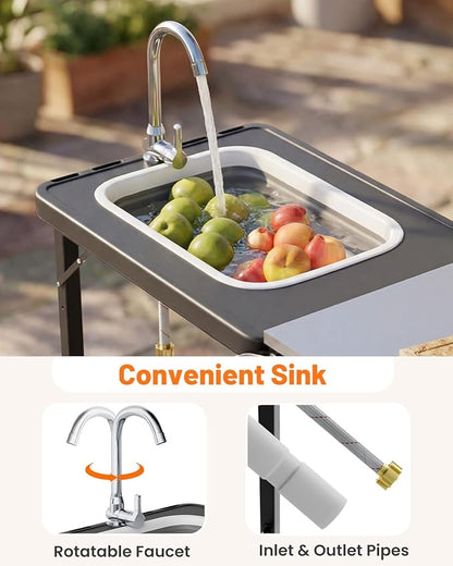 AECOJOY Outdoor Grill Cart Table with Sink, Portable Folding Outdoor Kitchen Island with Storage Cabinet, Stainless Steel Rolling Grill BBQ Food Prep Station with Wheels for Patio, Backyard