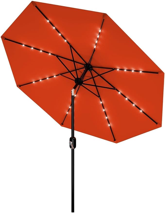 Garvee patio Umbrella with Solar Lights, Outdoor Table Umbrella with 8 Durable Ribs, Tilt & Crank Mechanism, Waterproof & UV Protection for Garden, Backyard, Poolside,