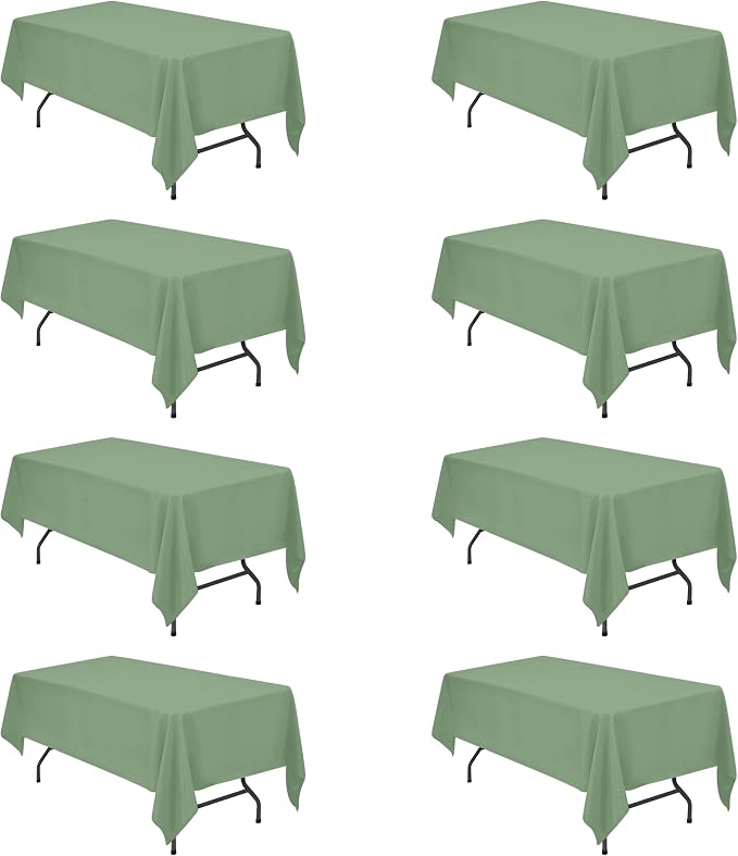 BRILLMAX 8 Pack Sage Green Tablecloths 60x102 Inch for 6ft Rectangle Tables | 150 GSM Polyester Fabric, 15" Standard Drop, Water, Stain & Wrinkle Resistant Cloth Cover for Wedding Reception Banquet Party