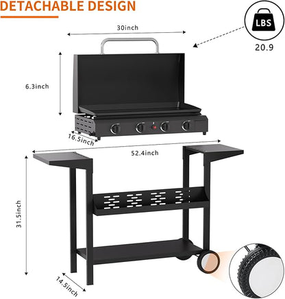 SKOK 4 Burner Gas Griddle With Hood-30 Inch Outdoor Propane Griddle-Portable Flat Top Gas Grill Camping Griddle Station with Side Shelves for Kitchen, BBQ, Camping Tailgating