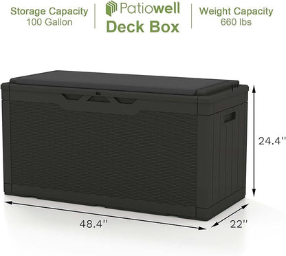 Patiowell 100 Gallon Resin Deck Box with cushion, Waterproof Large Outdoor Storage Box for Patio Furniture and Garden Tools, Black