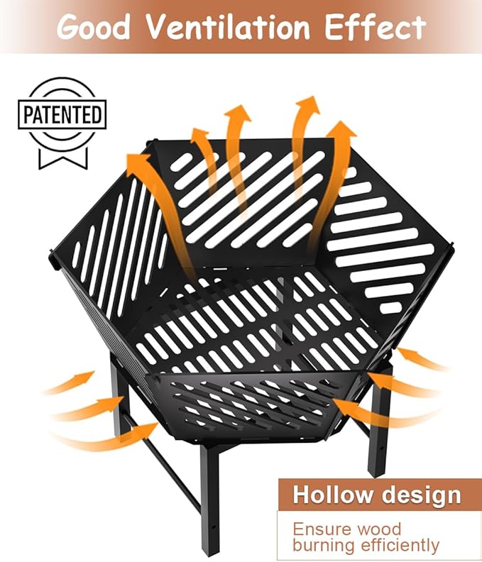 22.5 Inch Portable Hexagon Fire Pit with Travel Bag — Heightened Smokeless Design Outdoor Wood Burning Fire Pit for Camping, Backyard, Patio, Bonfire, Picnic and BBQ, Diagonal Hollow Style