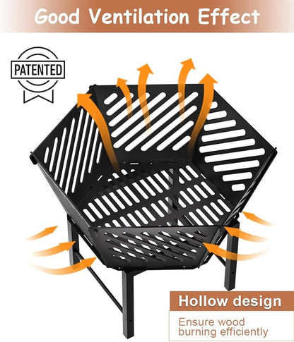 22.5 Inch Portable Hexagon Fire Pit with Travel Bag — Heightened Smokeless Design Outdoor Wood Burning Fire Pit for Camping, Backyard, Patio, Bonfire, Picnic and BBQ, Diagonal Hollow Style