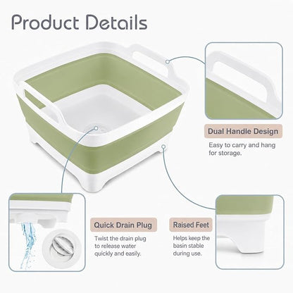 2.4 Gal(9L) Collapsible Dish Basin with Drain Plug, Space Saving Outdoor Multiuse Foldable Sink Tub, Dishpan, Kitchen Storage Tray for Camping, Vegetable Washing, RV (Green)