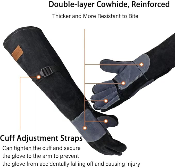 WZQH 23.6 In Leather Welding Gloves for Animal Handling,Grabbing Reptile, Grooming,Trips to Vet,BBQ,Fireplace.Puncture & Scratch Resistant, Bite Proof for Cat Dog Bird Falcon Livestock Snake L Black