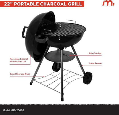 Megamaster 22" Heavy Duty Charcoal Barbecue Grill with Adjustable Air Vent, 354 SQ. In Cooking Area, Storage Rack, 2 Wheeled Portable Grill for Camping, Outdoor Cooking, and More - 810-23002
