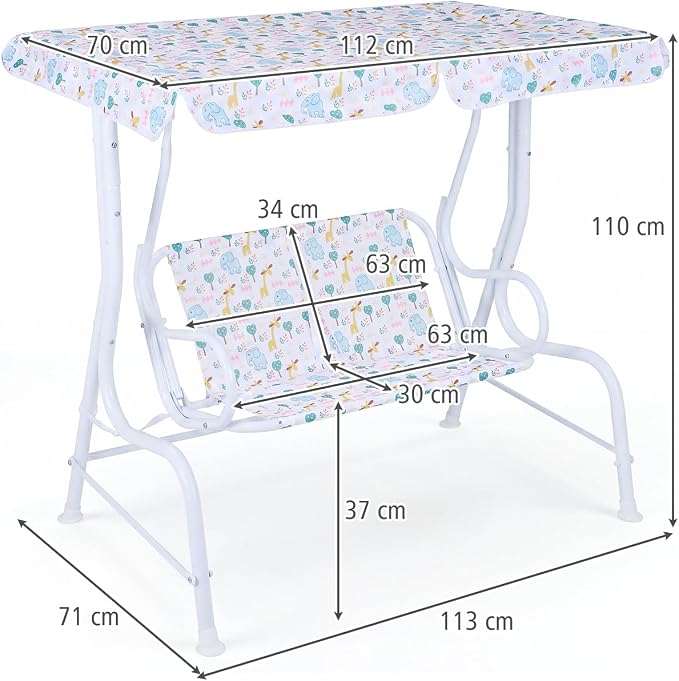 HONEY JOY Kids Patio Swing, 2-Seater Outdoor Porch Swing Lounge Chair, Adjustable Canopy & Safety Belt, All Weather Resistant Waterproof Hanging Swing Bench for Garden Poolside Balcony(White Elephant)