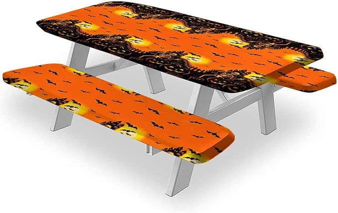 Halloween Elastic Edge Fitted Tablecloth, 3 Pieces Set, Happy Halloween Pumpkin Elastic Picnic Tablecloth and Bench Seats Table Cover for Outdoor Picnics/Holiday/Party Use, 72x28 in