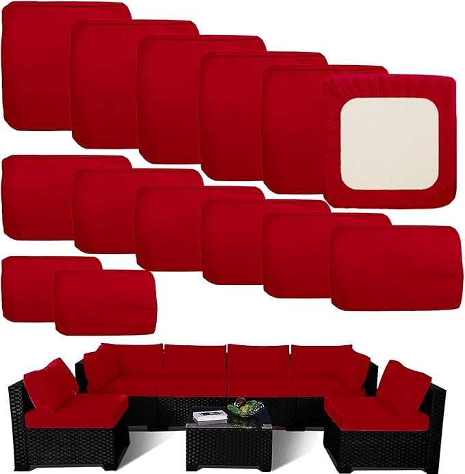 Outdoor Cushion Covers Replacement 14 Pcs, Red | Patio Cushion Covers fit for 7Pieces 6-Seater Wicker Rattan Sectional Couch Sofa Outdoor Cushion Slipcovers