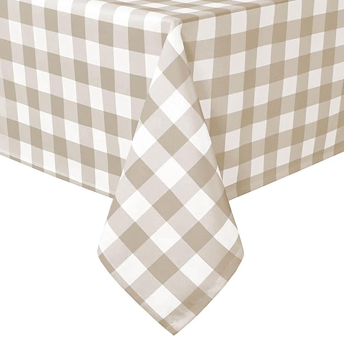 Hiasan Checkered Square Tablecloth - Stain Resistant, Waterproof and Wrinkle Resistant Washable Table Cloth for Dining Room, 60 x 60 Inch, Khaki and White Gingham Pattern