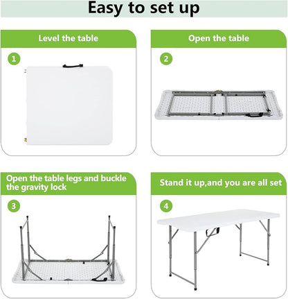 PayLessHere Folding Camping Table Plastic Picnic Table Office Table for Parties Wedding Camping Office with Carrying Handle (White, 4 FT)