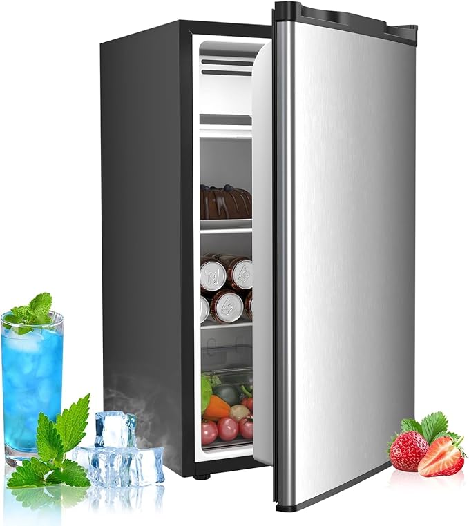 COWSAR 3.2 Cu.Ft Mini Fridge with Freezer, Freestanding Compact Refrigerator with Reversible Door & 7-Speed Thermostat, Small Fridge for Office, Apartment, Gameroom (STEEL)