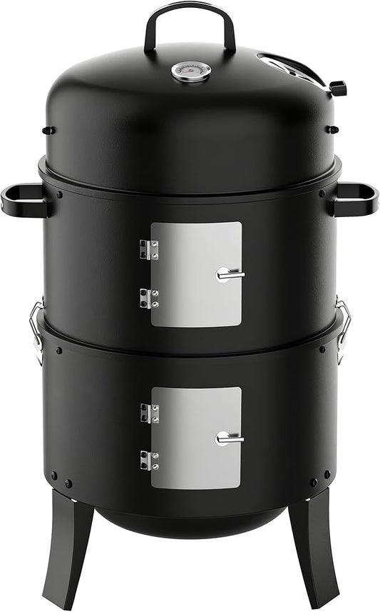 KEYO GRILL 18 Inch Vertical Charcoal Smoker, 3-in-1 Heavy Duty Outdoor BBQ Grill with Thermometer, Portable Camping Barbecue Grill for Garden Patio Beach Backyard