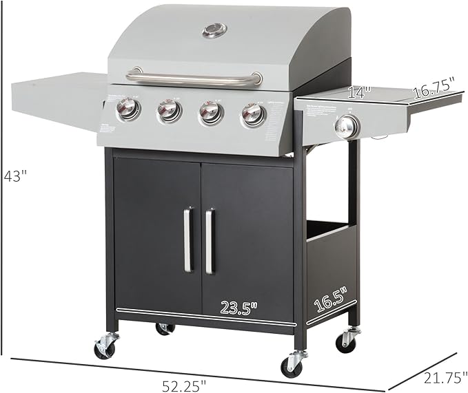 Outsunny 4 Burner Propane Gas Grill with Side Burner, 48,000 BTU Steel Outdoor Barbecue Grill with Cabinet, Shelf, Warming Rack, Thermometer, Wheels, Silver