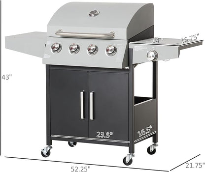 Outsunny 4 Burner Propane Gas Grill with Side Burner, 48,000 BTU Steel Outdoor Barbecue Grill with Cabinet, Shelf, Warming Rack, Thermometer, Wheels, Silver
