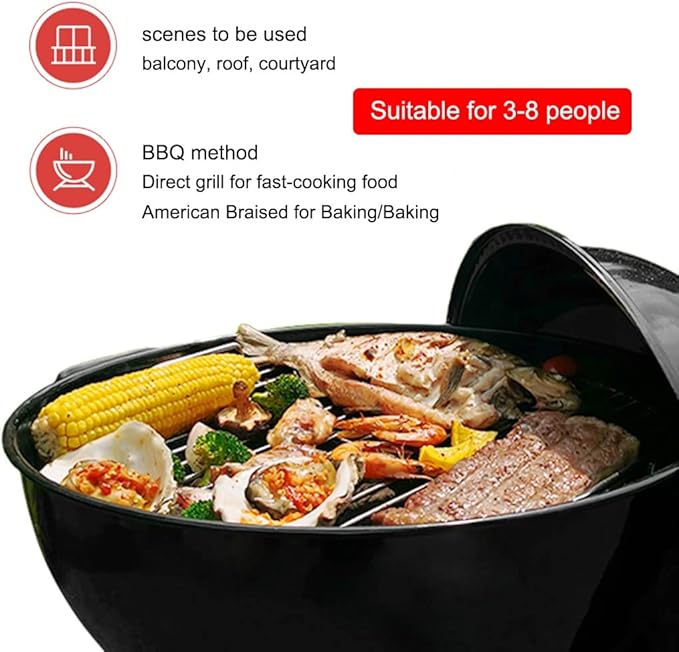 Outdoor Charcoal Grill, Portable Grilling Tool with Wheels,Round BBQ Grill, Cooking for Patio Backyard Camping (Black 47 * 47 * 97cm)