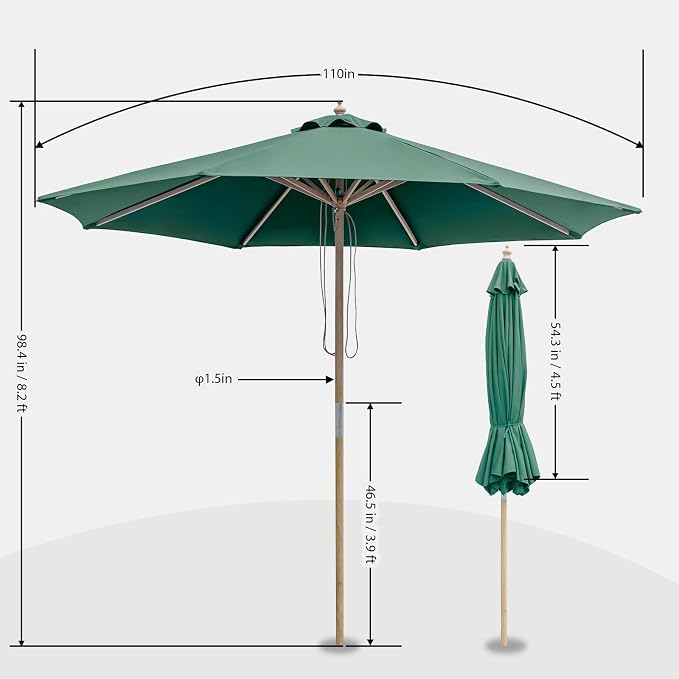 9FT/10FT Wood Patio Umbrella, Large Outdoor Table Pool Umbrella | 205G Olefin/180G Polyester Fabric, Push-Pull Operation Market Umbrella, 8 Rib Vented Canopy, Ideal for Patio, Backyard