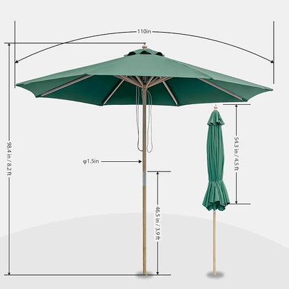 9FT/10FT Wood Patio Umbrella, Large Outdoor Table Pool Umbrella | 205G Olefin/180G Polyester Fabric, Push-Pull Operation Market Umbrella, 8 Rib Vented Canopy, Ideal for Patio, Backyard