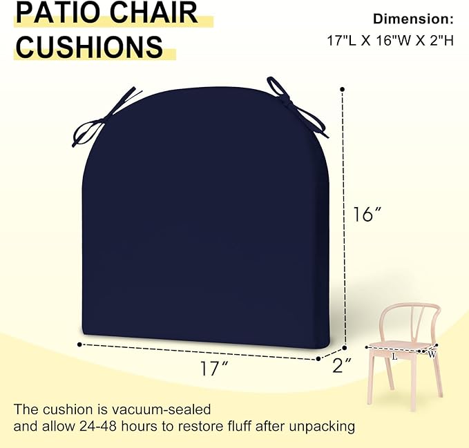 downluxe Outdoor Chair Cushions Set of 2 for Patio Furniture, Water-Resistant Patio Chair Cushions with Ties, High Density Foam Outdoor Seat Cushion, 17" X 16" X 2", Navy