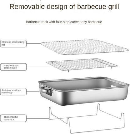 Barbecue Charcoal Grill Stainless Steel Barbecue Charcoal Grill Desktop For Camping Outdoor Hiking Portable Charcoal Grill, 38*26*11cm, Silver