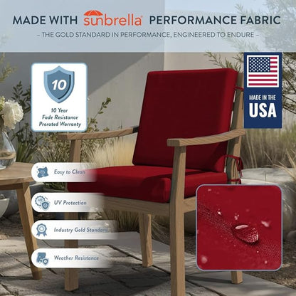 California Umbrella Outdoor Dining Chair, Set of 2 Patio Seat Cushions, 20 x 40 Inch, Premium Outdoor Memory Foam, Fade Resistant, Sunbrella Fabric, Fabric Ties, Jockey Red