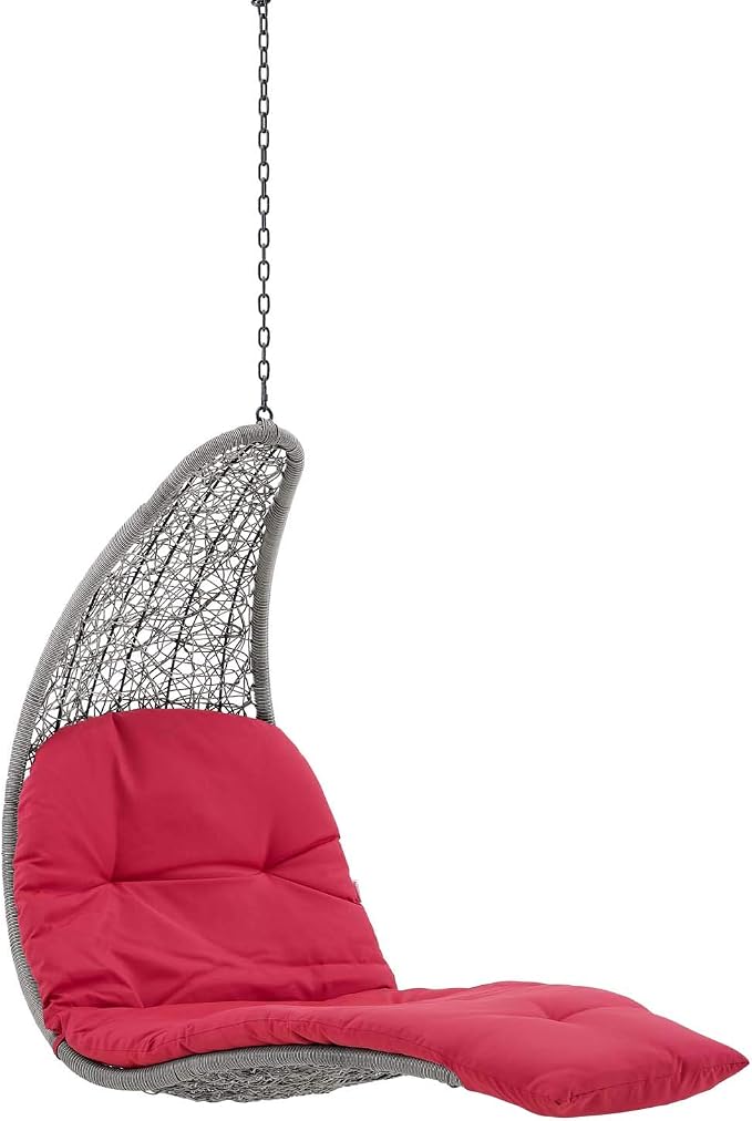 Modway Landscape Wicker Rattan Outdoor Patio Porch Chaise Lounge Hanging Swing Chair in Light Gray, Red
