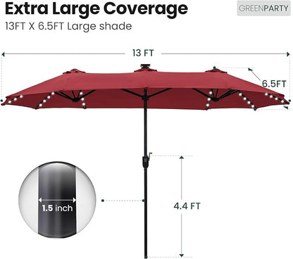 GREEN PARTY 13ft Patio Umbrella with Led Lights, Rectangle Outdoor Umbrella | 12-Mode Solar Lights, Double-Sided Rectangular table Umbrella, Large Shade for Backyard Deck Poolside, Burgundy(No Base)
