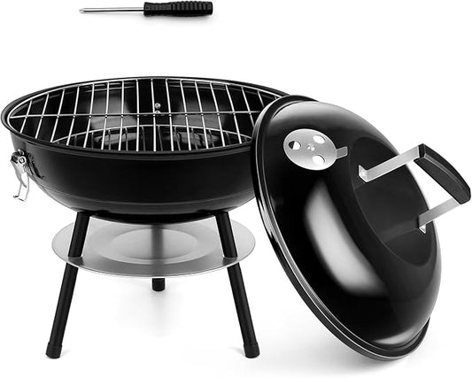 HaSteeL 14 Inch Charcoal Grill, Small Black Enamel Outdoor BBQ Grill, Mini Flat Top Kettle Barbecue Grill with Screwdriver, Portable for Backyard Garden Camping Cooking Smoking, Dual Venting System