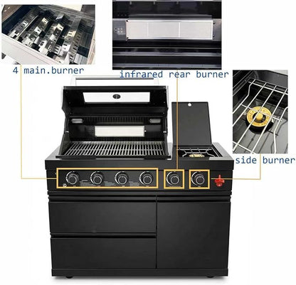 46" Outdoor Kitchen Island with Side Burner, 4-Burner 75,300 BTU Propane Gas BBQ Island with Rotisserie, Side Prep Shelf, Storage Drawers, LP/NG Convertible, for Backyard and Patio Cooking, Black