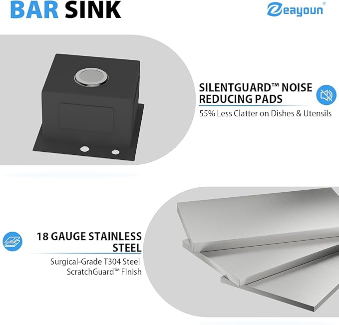 15 Drop In Bar Sink 15 x 15 Inch Kitchen Sink 18 Gauge Stainless Steel Single Bowl Topmount Handmade Sink for Outdoor, RV, 15x15x9