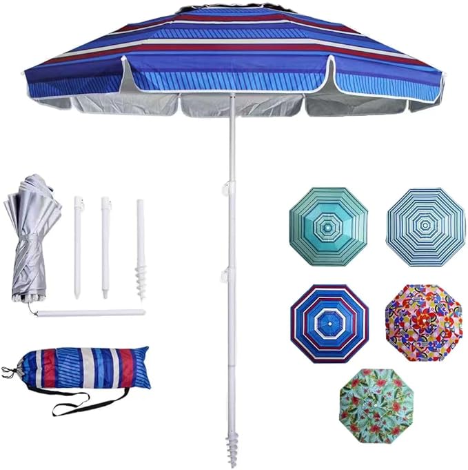 LOTTAFUN 6ft Beach Umbrella - Heavy Duty Wind Resistant UV 50+ Portable Sun Shade with Sand Anchor & Carry Bag, Outdoor Folding Umbrella for Beach, Pool, Patio, Garden (Blue color strip) No Tilt The sand needs to exceed the spiral 6inch