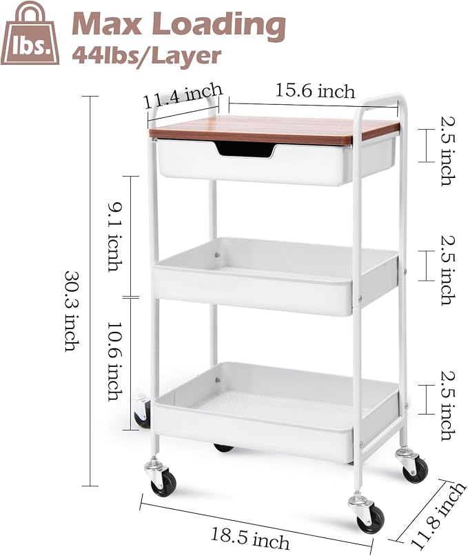 TOOLF 3 Tier Rolling Cart with Drawer, Metal Utility Storage Cart, White | Wooden Tabletop, Lockable Metal Wheels, Trolley Organizer for Bathroom, Kitchen, Office, Nursery, Dorm, Laundry, Craft Room