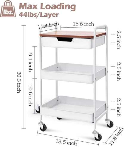 TOOLF 3 Tier Rolling Cart with Drawer, Metal Utility Storage Cart, White | Wooden Tabletop, Lockable Metal Wheels, Trolley Organizer for Bathroom, Kitchen, Office, Nursery, Dorm, Laundry, Craft Room