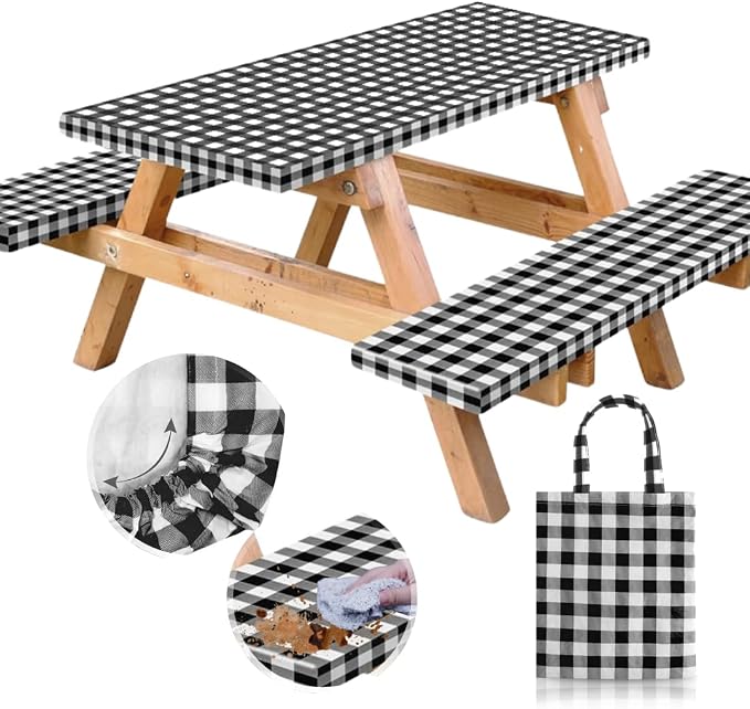 Vinyl Fitted Picnic Table Cover with Bench Covers & Bag 8ft Black Checkered | Vinyl Fitted Picnic Table Cover with Bench Covers and Bag, Outdoor Waterproof Windproof Picnic Tablecloth with Elastic Edges.